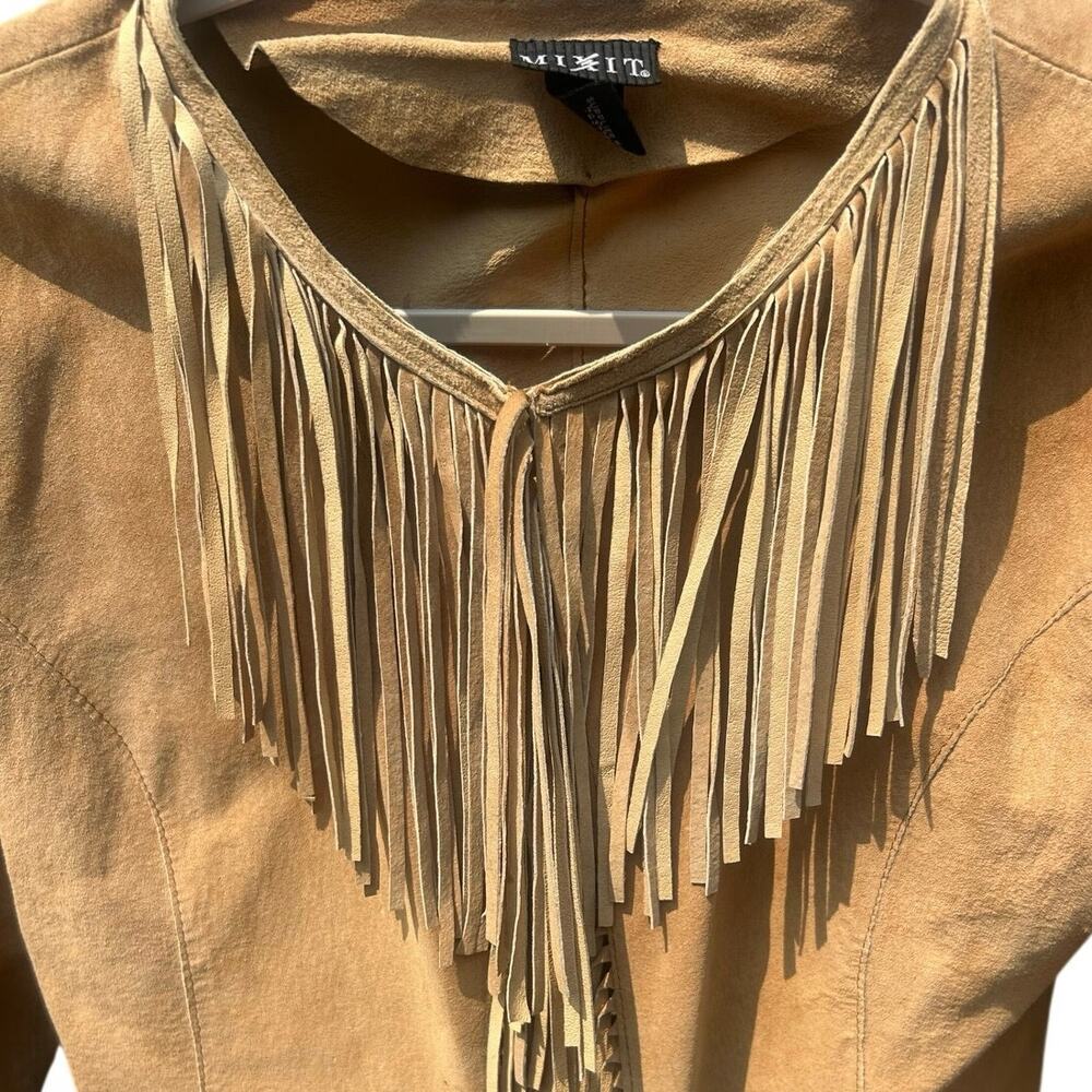 Vintage MIXIT Suede Leather Fringe Jacket L Western Cowgirl Boho Tan Y2K - Picture 3 of 10